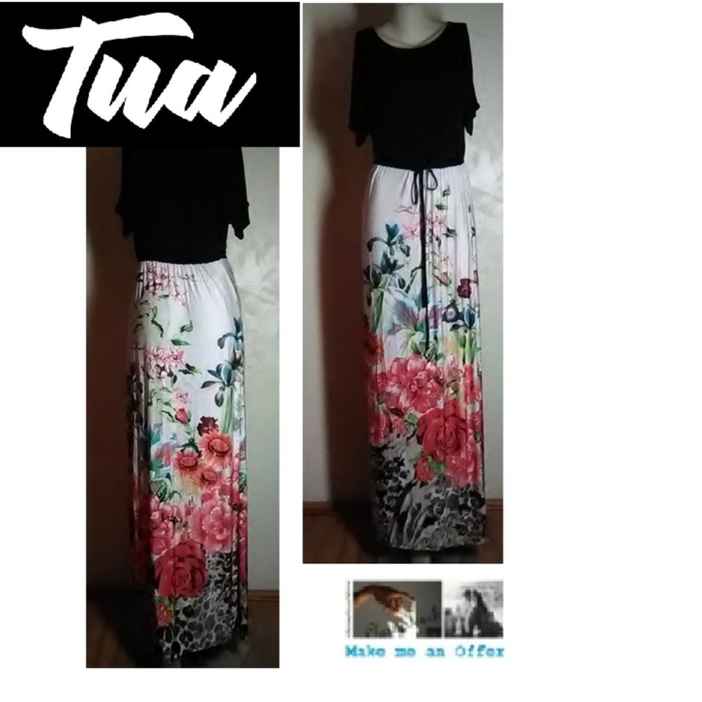 Tua  Black  Floral Knit Maxi Dress Size M